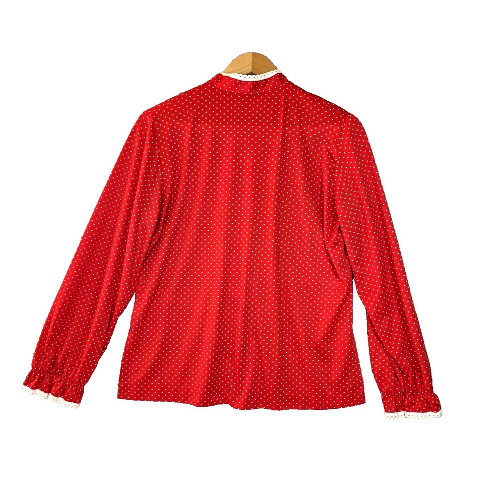 Vtg 70s Rhapsody Glazier Chicago Red Polka Dot Blouse Lace Trim Ruffle Cuff M - Picture 2 of 7